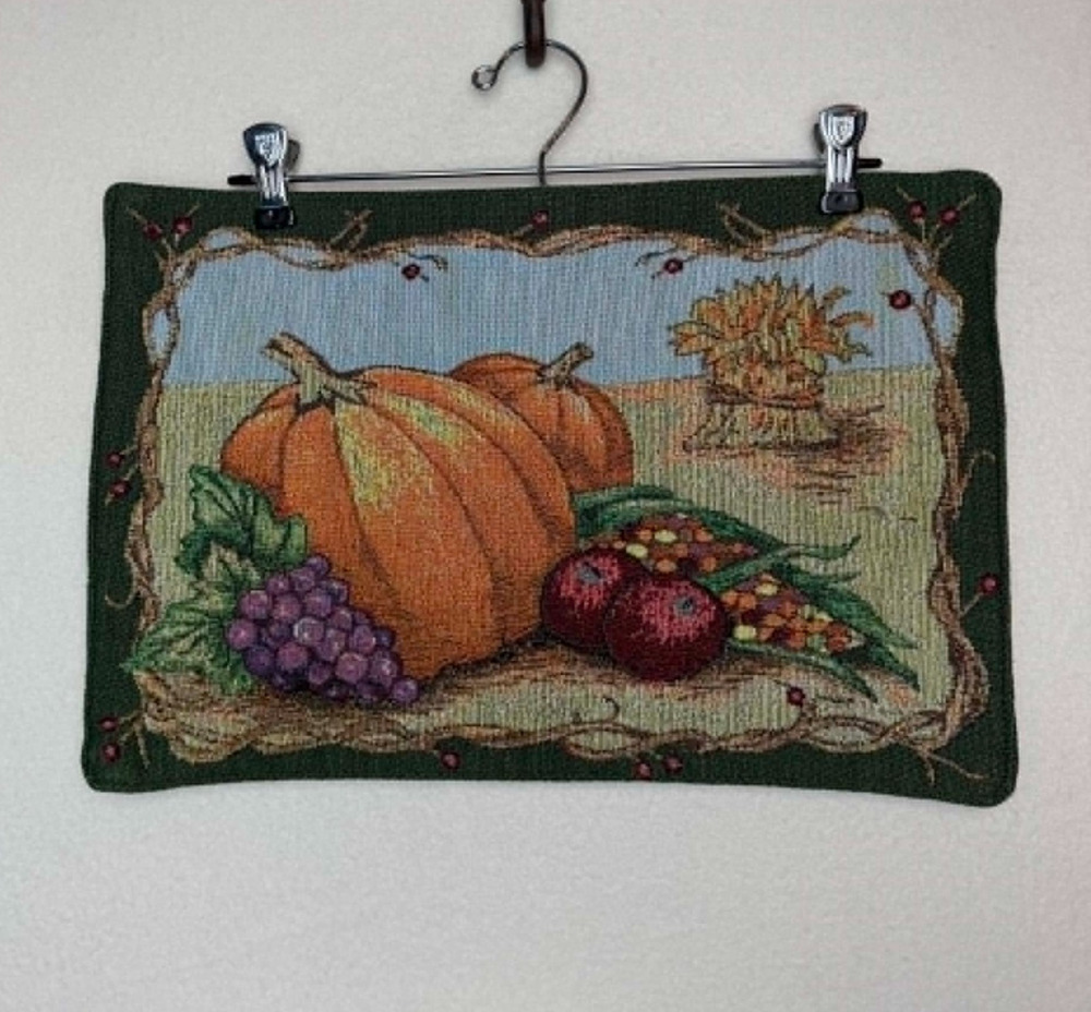 Fall Harvest Tapestry Placemats Pumpkin Autumn Leaves Reversable Set of 2